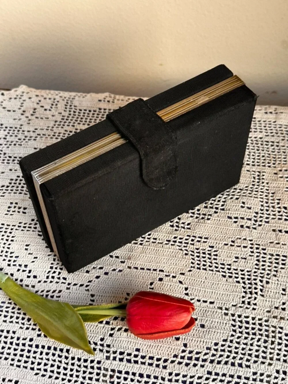 Black Faille Hard-Sided Vintage 1940s Vanity Clutch Purse w/ Tapestry & Mirror